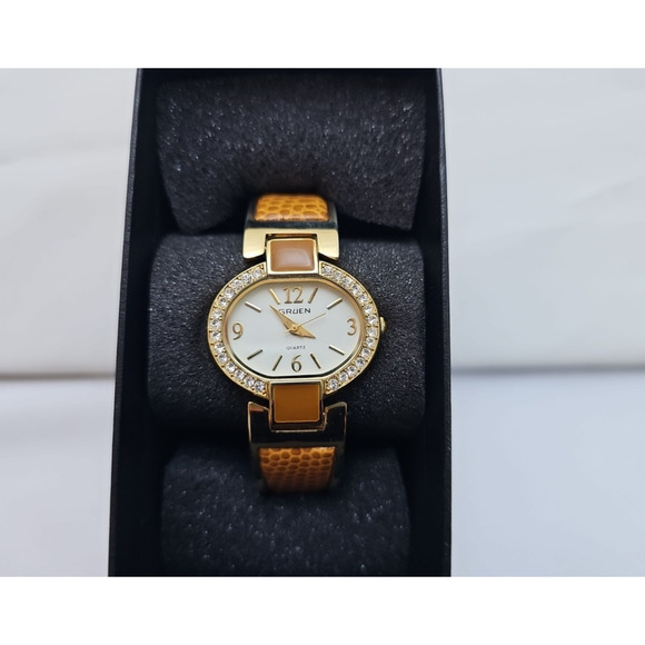Gruen Womens Wrist Watch Tan Alligator Look Bracelet Band White Face Quartz - Picture 1 of 9